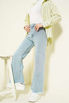 Geniş Püskül Paçalı Kot Pantolon Orta Kar - BLUE HİLL(ZER)