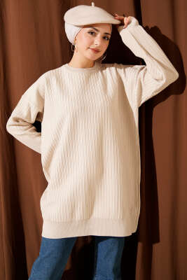 Geniş Ribanalı Triko Tunik Bej - VANİZA TRİKO
