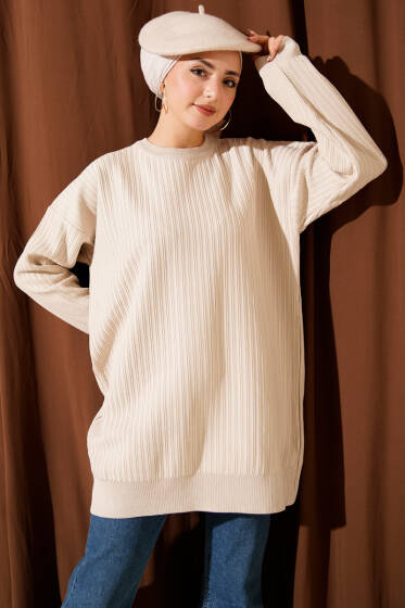 Geniş Ribanalı Triko Tunik Bej - Tunik