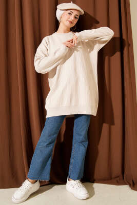 Geniş Ribanalı Triko Tunik Bej - Tunik