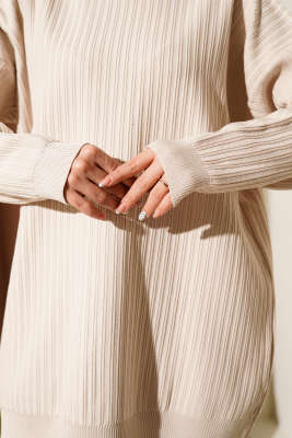 Geniş Ribanalı Triko Tunik Bej - Tunik