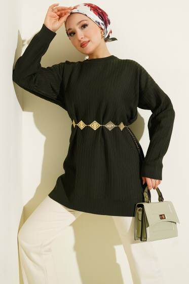 Geniş Ribanalı Triko Tunik Haki - Tunik