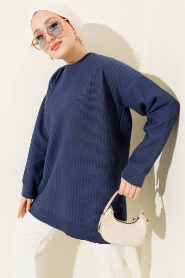 Geniş Ribanalı Triko Tunik İndigo - Tunik