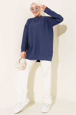 Geniş Ribanalı Triko Tunik İndigo - Tunik