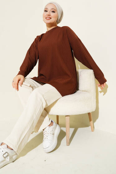 Geniş Ribanalı Triko Tunik Kahve - Tunik