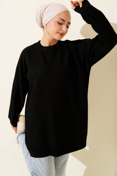 Geniş Ribanalı Triko Tunik Siyah - Tunik