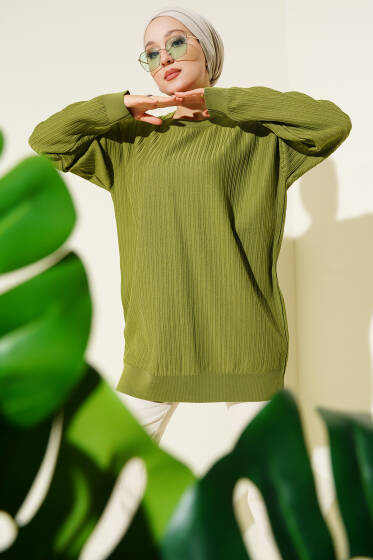 Geniş Ribanalı Triko Tunik Yağ Yeşili - Tunik