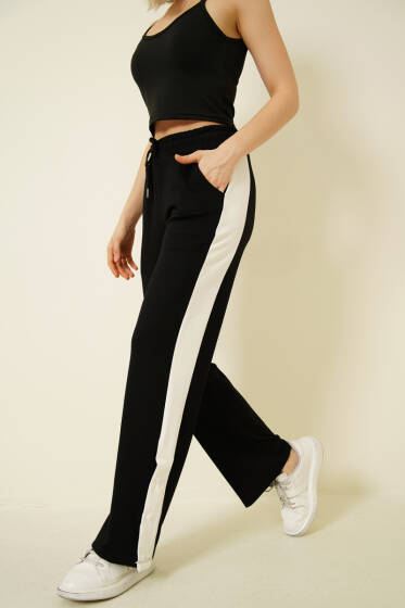 Geniş Şeritli Çıtçıtlı Loyşa Pantolon Siyah - Kadın Giyim Modelleri