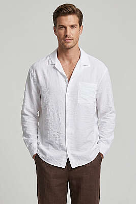 Geniş V Yaka Oversize Tek Cep Gömlek Beyaz - Erkek Gömlek