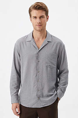 Geniş V Yaka Oversize Tek Cep Gömlek Gri 