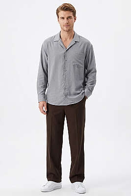 Geniş V Yaka Oversize Tek Cep Gömlek Gri - Erkek Gömlek