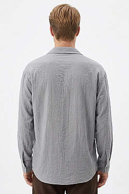 Geniş V Yaka Oversize Tek Cep Gömlek Gri - Erkek Gömlek