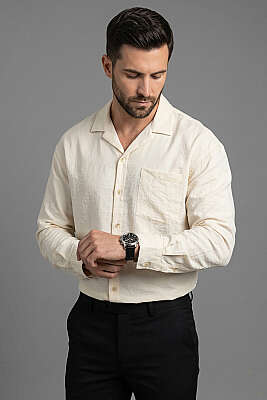 Geniş V Yaka Oversize Tek Cep Gömlek Kemik 