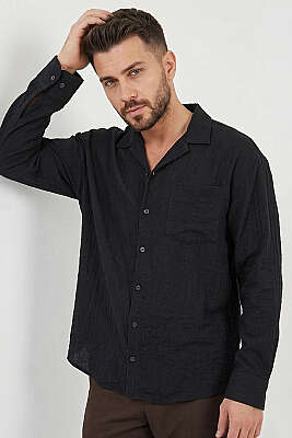 Geniş V Yaka Oversize Tek Cep Gömlek Siyah 