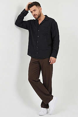 Geniş V Yaka Oversize Tek Cep Gömlek Siyah - Erkek Gömlek