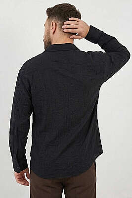 Geniş V Yaka Oversize Tek Cep Gömlek Siyah - Erkek Gömlek