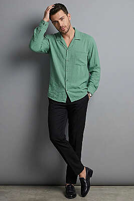 Geniş V Yaka Oversize Tek Cep Gömlek Yeşil - Erkek Gömlek
