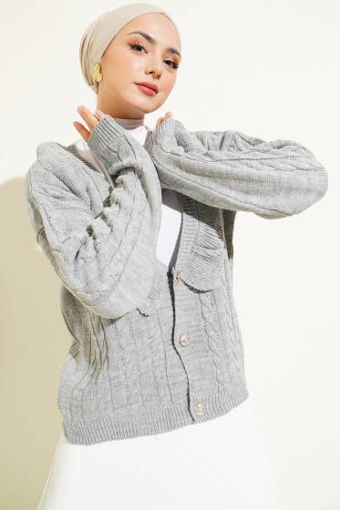 Geniş V Yakalı Triko Kısa Hırka Gri - Hırka