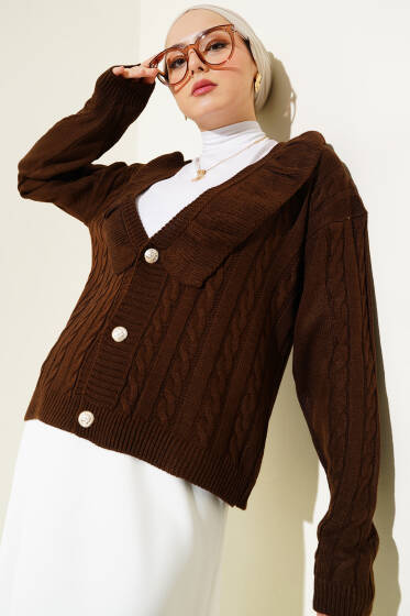 Geniş V Yakalı Triko Kısa Hırka Kahve - Hırka