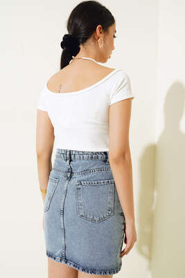 Geniş Yaka Çıtçıt Düğmeli Bluz Ekru - Bluz