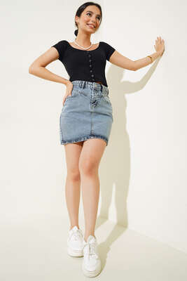 Geniş Yaka Çıtçıt Düğmeli Bluz Siyah - Bluz