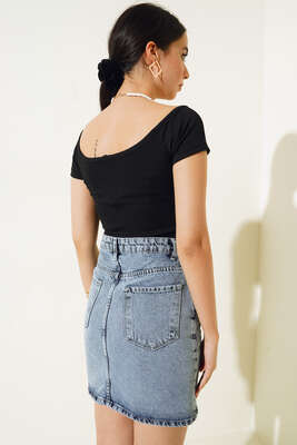 Geniş Yaka Çıtçıt Düğmeli Bluz Siyah - Bluz