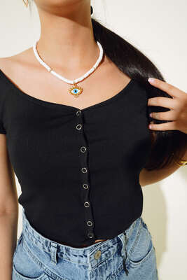 Geniş Yaka Çıtçıt Düğmeli Bluz Siyah - Bluz