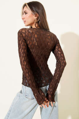 Geniş Yaka Dantelli Bluz Kahve - Kadın Giyim Modelleri