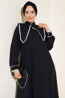 Geniş Yaka Elbise Siyah - Tesettür Elbise