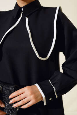 Geniş Yaka Elbise Siyah - Tesettür Elbise