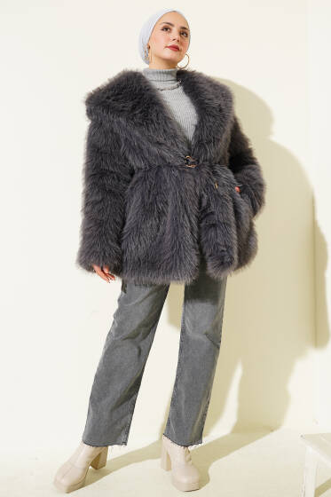 Geniş Yaka Kürklü Mont Füme - Mont