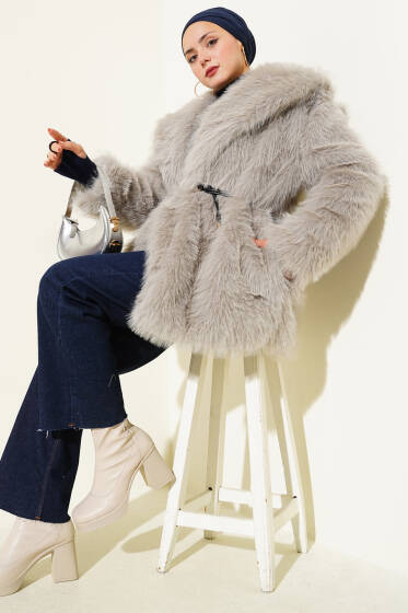 Geniş Yaka Kürklü Mont Gri - Kaban