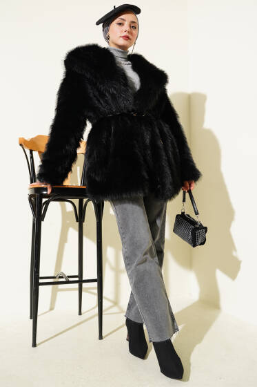 Geniş Yaka Kürklü Mont Siyah - Mont