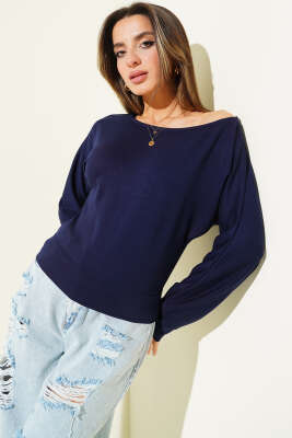 Geniş Yaka Loyşa Bluz Lacivert - Kadın Giyim Modelleri
