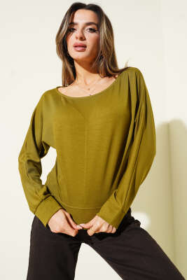 Geniş Yaka Loyşa Bluz Yağ Yeşili - CALİENTE
