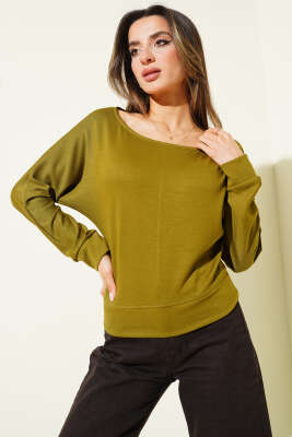 Geniş Yaka Loyşa Bluz Yağ Yeşili - Kadın Giyim Modelleri