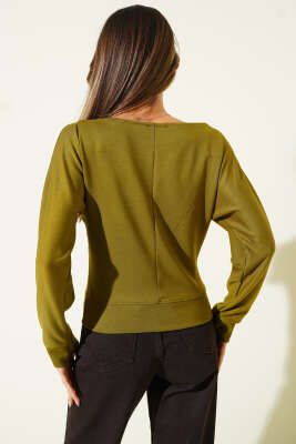 Geniş Yaka Loyşa Bluz Yağ Yeşili - Kadın Giyim Modelleri