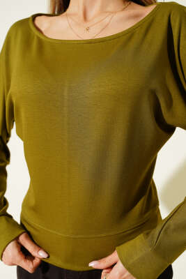 Geniş Yaka Loyşa Bluz Yağ Yeşili - Kadın Giyim Modelleri