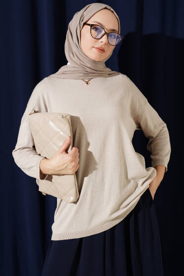 Geniş Yaka Triko Tunik Bej - Tunik