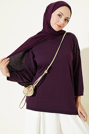 Geniş Yaka Triko Tunik Mor - Tunik