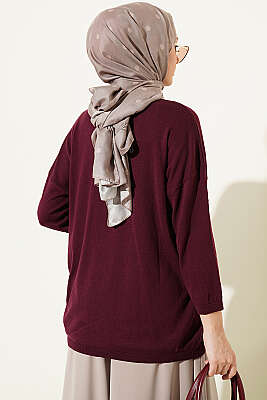 Geniş Yaka Triko Tunik Mürdüm - Tunik