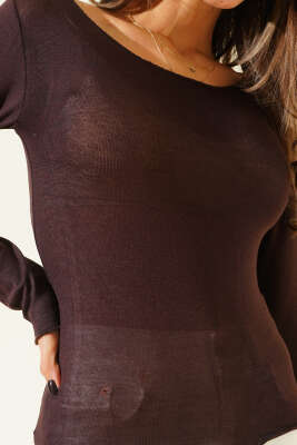 Geniş Yaka Uzun Kol Body Kahve - Uzun Kollu Tişört