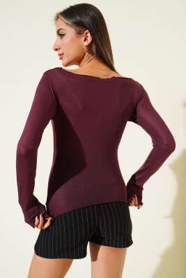 Geniş Yaka Uzun Kol Body Mürdüm - Uzun Kollu Tişört