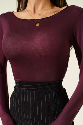 Geniş Yaka Uzun Kol Body Mürdüm - Uzun Kollu Tişört