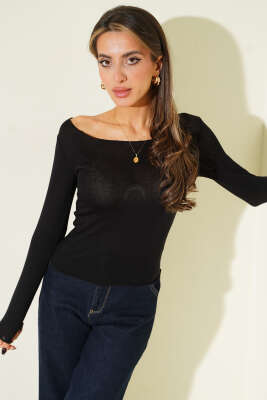 Geniş Yaka Uzun Kol Body Siyah - Uzun Kollu Tişört