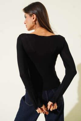 Geniş Yaka Uzun Kol Body Siyah - Uzun Kollu Tişört