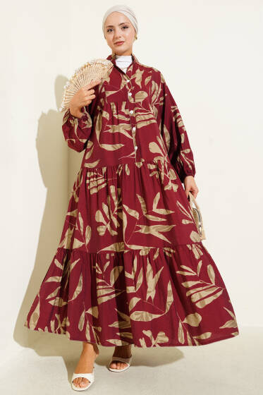 Geniş Yaprak Desenli Yarım Düğmeli Elbise Bordo - Elbise