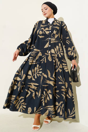 Geniş Yaprak Desenli Yarım Düğmeli Elbise Siyah - Elbise