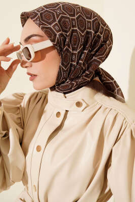 Geometri Desen Flamu Cotton Eşarp Acı Kahve 