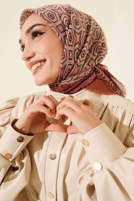 Geometri Desen Flamu Cotton Eşarp Bej Fuşya - SİNEM EŞARP